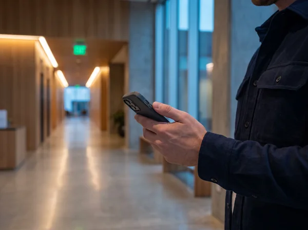 Loş aydınlatmalı bir bina lobisinde, ekranı dışa dönük bir telefon tutan el.